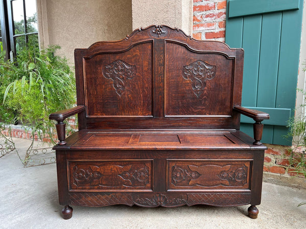 Antique French Louis XV Hall Bench Carved Oak Foyer Settee Lift Top Chest c1890