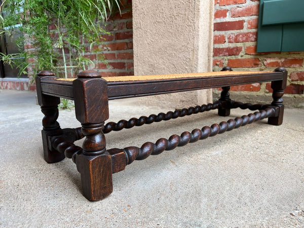 Antique English Barley Twist Stool Bench Oak Cane Jacobean Ottoman c1920