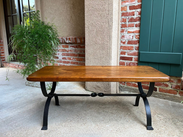 Antique French Coffee Table Bench Country Farmhouse Tiger Oak Wrought Iron c1920