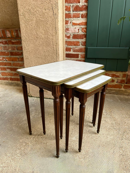 Set 3 Vintage French Nesting Table WHITE MARBLE Mahogany Louis XVI Maison Jansen