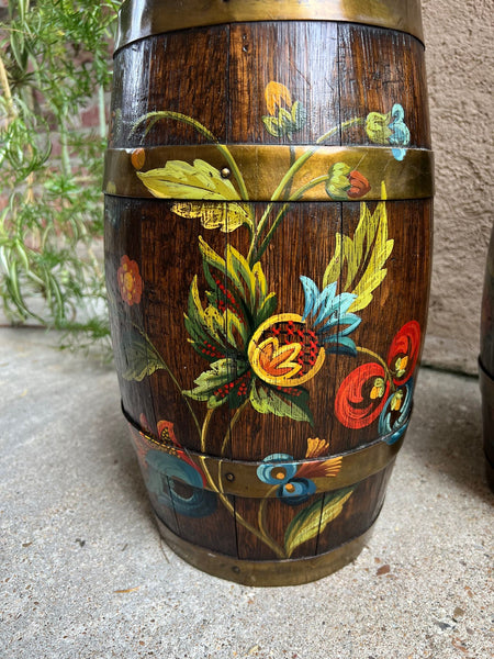 PAIR Set Antique English Oak Barrel Jardinière Planter Rosemaling Hand Painted