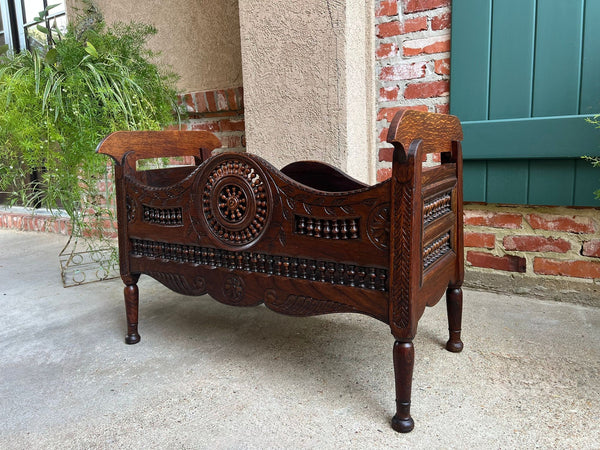 Antique French Carved Planter Breton Brittany Oak Doll Bed Fireside Box c1890