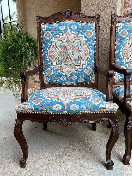 PAIR Antique French Dining Arm Chair Louis XV Carved Oak Blue Persian textile