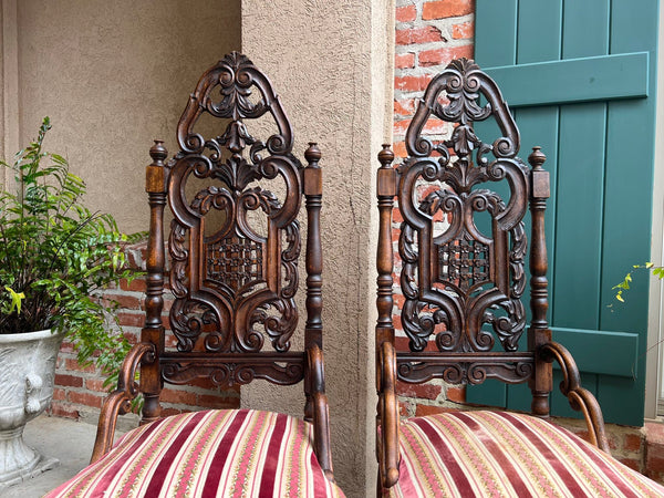 PAIR Antique French Dining Chairs Renaissance Revival Open Carved Oak SET of 2