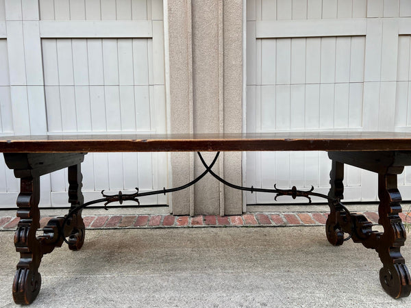 Antique French Oak Dining Table Catalan Trestle 7 ft. Farmhouse Plank Top c1890