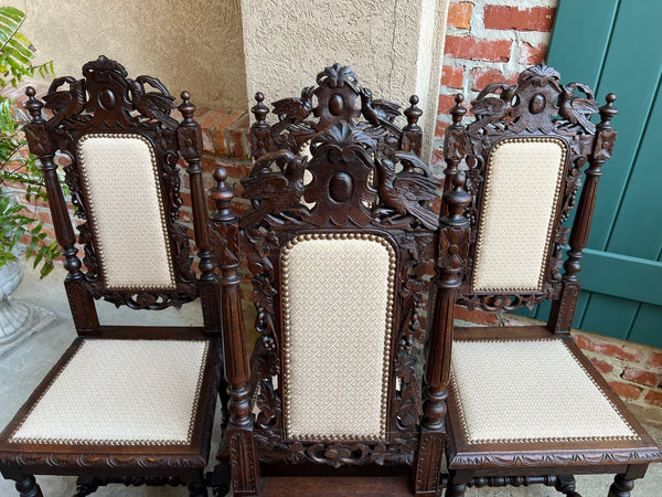 Set 4 Antique French Dining Chairs Renaissance Carved Oak Bird Black Forest
