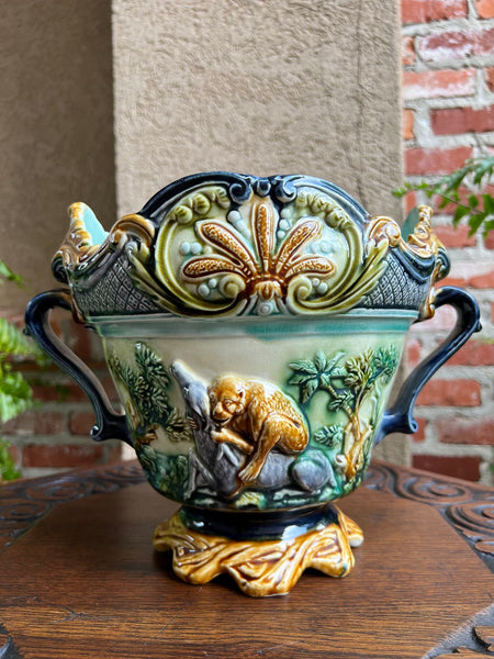 Antique French Majolica Jardinière Onnaing Tiger Monkey Jungle Cache Pot Planter