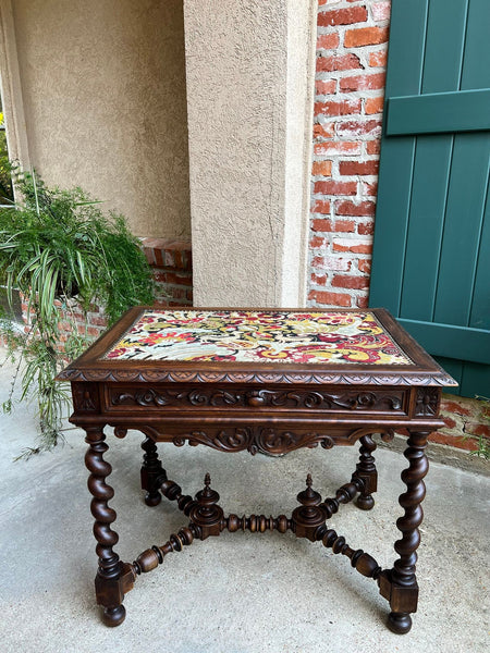 Antique French Sofa Table Writing Desk Barley Twist Carved Renaissance Tapestry