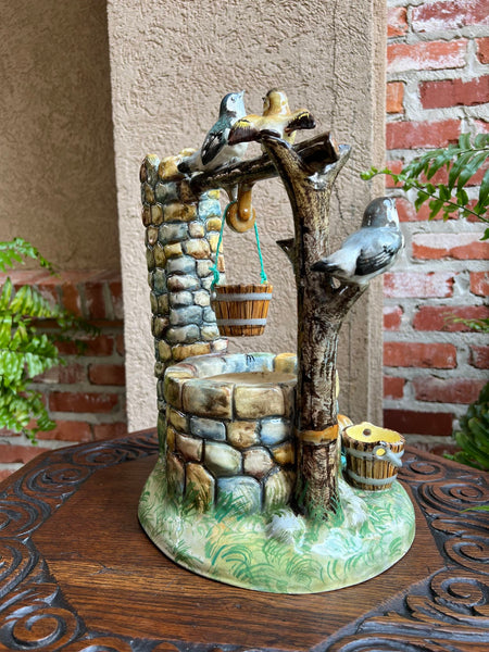 Antique French Majolica Bird Wishing Well Flower Holder Cache Pot Jerome Massier