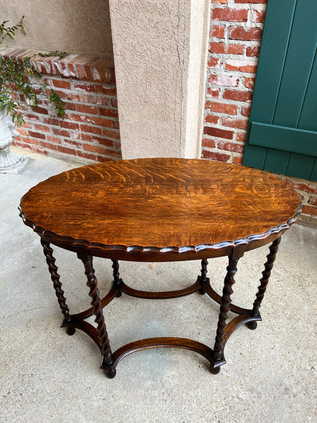 Antique English OVAL Side Center Table BARLEY TWIST Tiger Oak Jacobean c1920