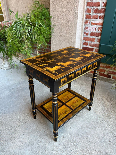 Antique English Console Side Table Decoupage Horse Equestrian Fox Hunt c1890