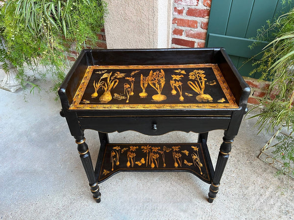 Antique English Sofa Side Table Decoupage Botanical Floral Black Gold c1890