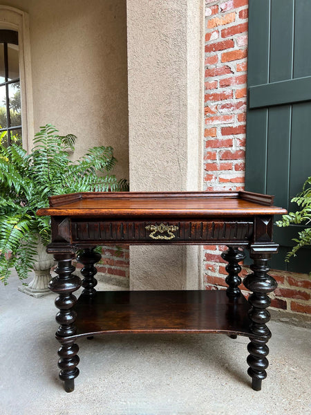 Antique English Hall Sofa Table Sideboard Carved Oak Bobbin Leg c1910