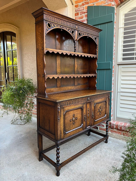 Antique English Welsh Dresser Sideboard Barley Twist Carved Tiger Oak Farmhouse