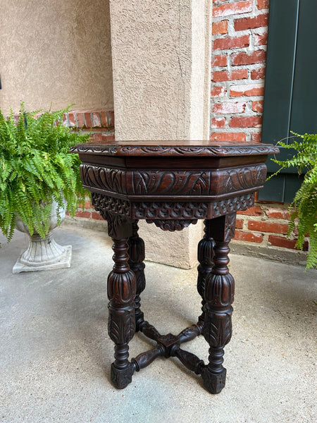 PETITE Antique French Octagon Center Side TABLE Side End Renaissance Carved Oak