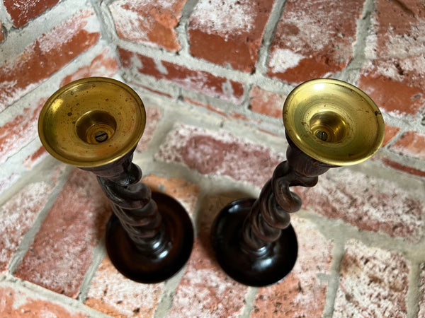 PAIR Set Antique English Oak OPEN Barley Twist Candlesticks Candle Holder Brass