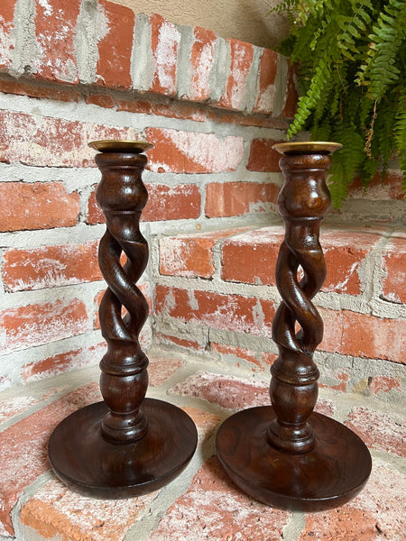 PAIR Set Antique English Oak OPEN Barley Twist Candlesticks Candle Holder Brass