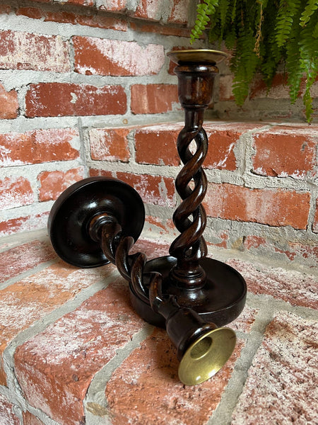 PAIR Set Antique English Oak OPEN Barley Twist Candlesticks Candle Holder Brass