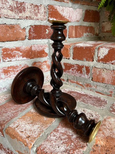 PAIR Set Antique English Oak OPEN Barley Twist Candlesticks Candle Holder Brass
