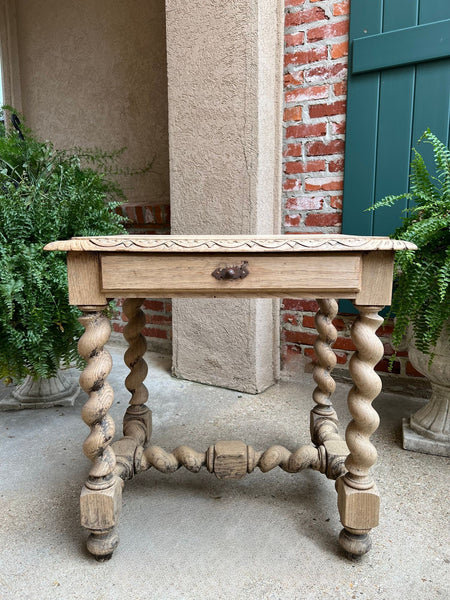 Antique French Side Table Barley Twist Bleached Carved Oak Nightstand Louis XIII