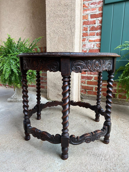 Antique French ROUND Side Center Table BARLEY TWIST Carved Oak Renaissance c1900