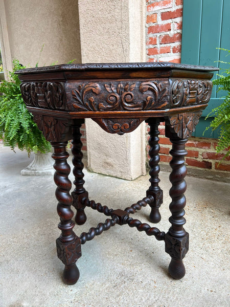 Antique French Octagon Sofa Table Carved Oak Barley Twist Louis XIII Renaissance