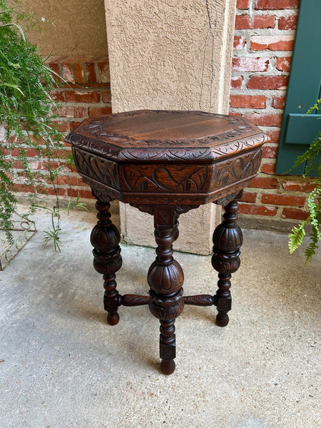 PETITE Antique French Octagon Center Side TABLE Renaissance Carved Oak c1890