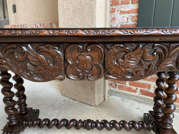 Antique French Console Sofa Table Carved Oak Barley Twist Desk Renaissance c1890