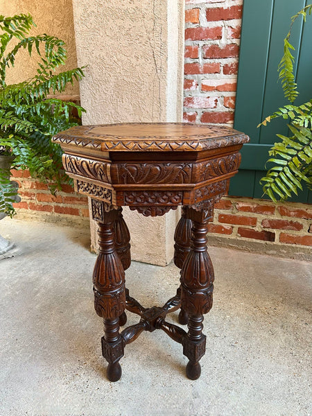 Petite Antique French Octagon Side TABLE Renaissance Carved Oak c1900