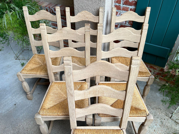 Set 6 Vintage French Ladder Back Dining Chairs Rush Seat Bleached Oak Farmhouse