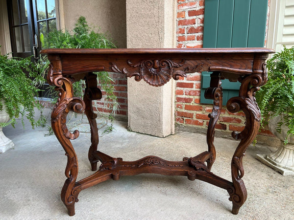 Antique French Sofa Hall Table Carved Oak Louis XV Rococo Side End Table