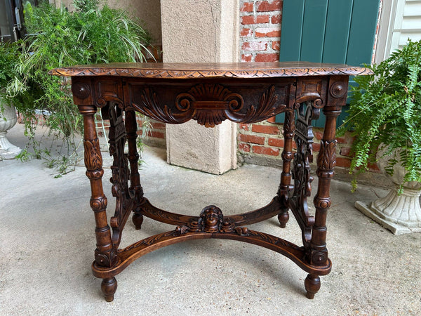 Antique French Sofa Hall Table Carved Oak Renaissance Revival Cherub End Table