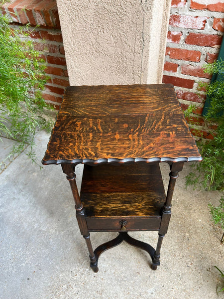 Antique English End Table SQUARE PETITE Jacobean Oak Two Tier c1900