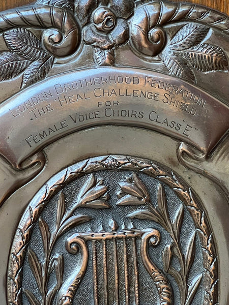 Antique English Choir Trophy Award Plaque Copper Repousse c1938 Lyre Harp