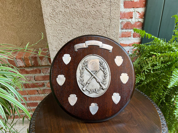 Antique English Rifle Gun Shoot Trophy Award Plaque Silver plate Shield c1910
