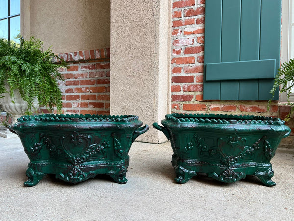 PAIR Antique French Cast Iron Jardiniere Large Footed Cache Pot Planter c1880