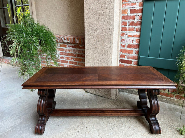 Antique French Coffee Table Carved Oak Bench Baroque Window Hall Seat c1900.