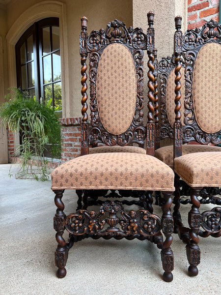 Set 4 TALL Antique French Dining Chair Barley Twist Renaissance Carved Oak 1890