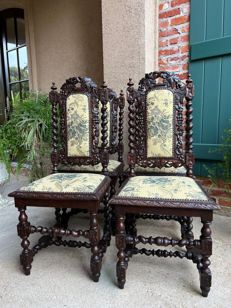 Set 4 Antique French Dining Chair Barley Twist Renaissance Carved Oak Green 1900