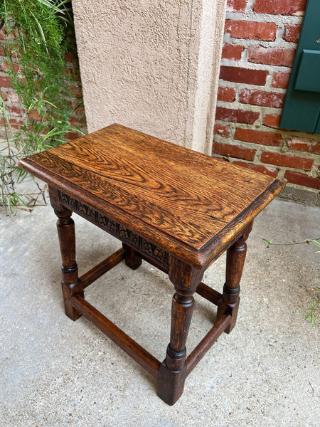 Antique English Footstool Bench Joint Stool Carved Oak Jacobean Stand c1900