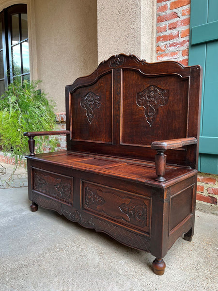 Antique French Louis XV Hall Bench Carved Oak Foyer Settee Lift Top Chest c1890