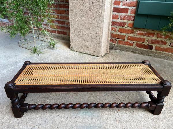 Antique English Barley Twist Stool Bench Oak Cane Jacobean Ottoman c1920