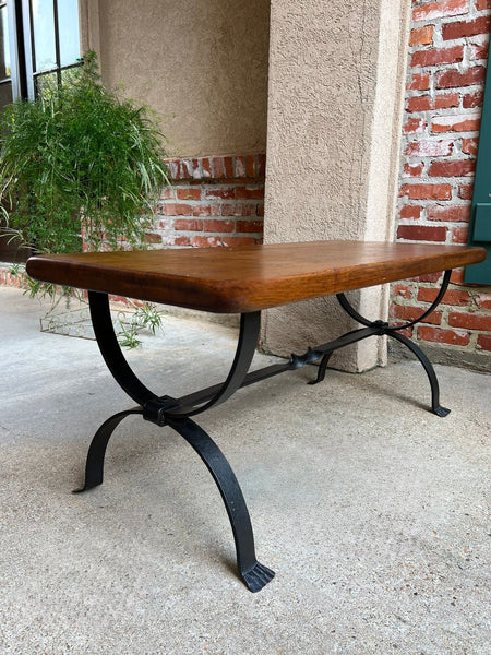 Antique French Coffee Table Bench Country Farmhouse Tiger Oak Wrought Iron c1920