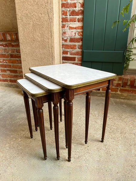 Set 3 Vintage French Nesting Table WHITE MARBLE Mahogany Louis XVI Maison Jansen
