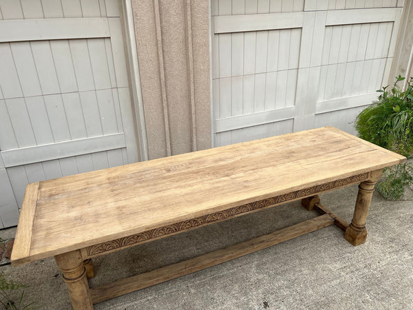 Antique French Dining Farm Table Bleached CARVED Oak 8 ft. LARGE c1880