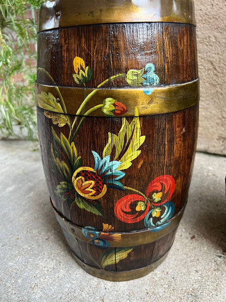 PAIR Set Antique English Oak Barrel Jardinière Planter Rosemaling Hand Painted