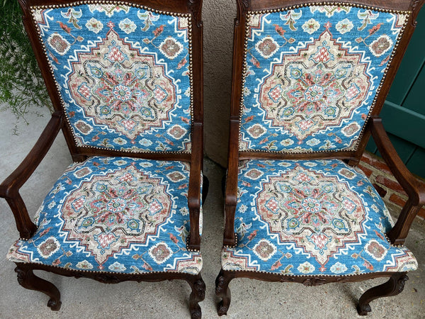 PAIR Antique French Dining Arm Chair Louis XV Carved Oak Blue Persian textile
