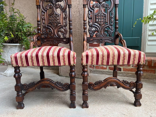 PAIR Antique French Dining Chairs Renaissance Revival Open Carved Oak SET of 2