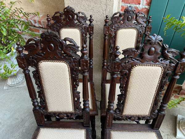 Set 4 Antique French Dining Chairs Renaissance Carved Oak Bird Black Forest