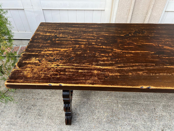 Antique French Oak Dining Table Catalan Trestle 7 ft. Farmhouse Plank Top c1890